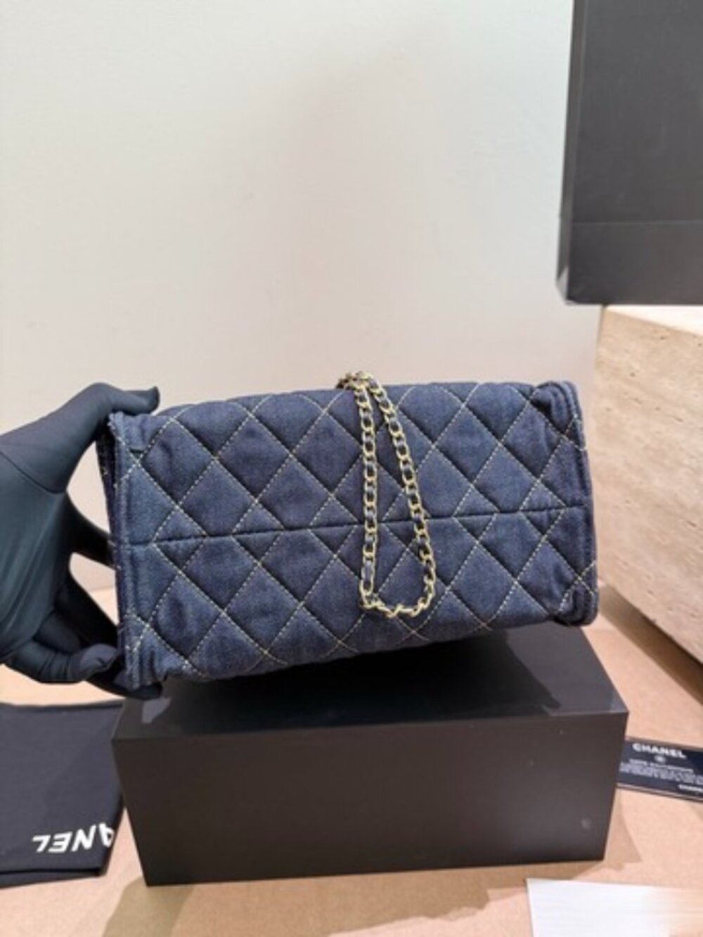 Luxury 25C Hobo Bucket Bag 26cm Quilted Denim Drawstring Shoulder Bag - Picture 9 of 9